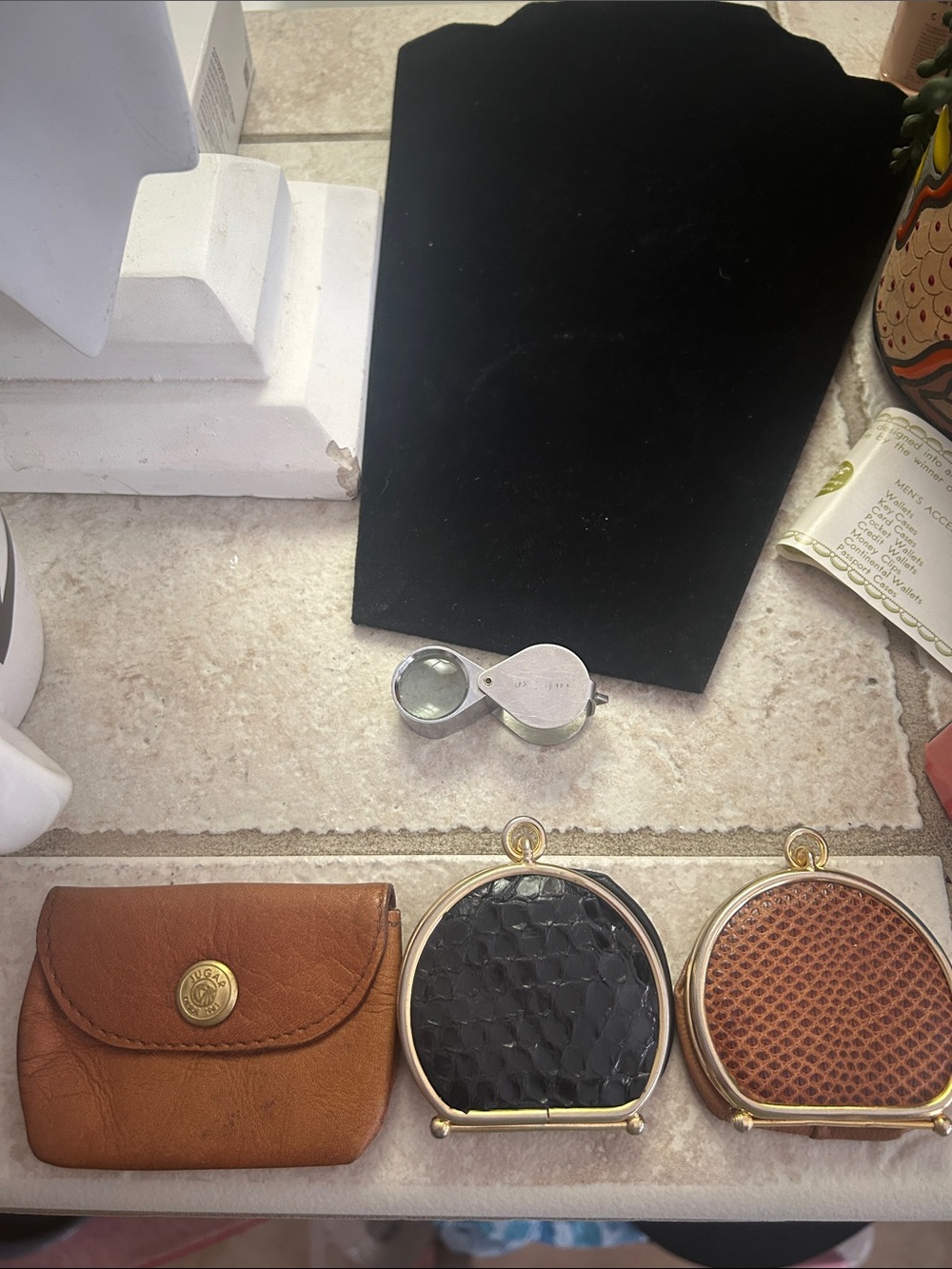 Neiman Marcus Brown Leather Coin Pouch with Black and Brown Pendant Compacts